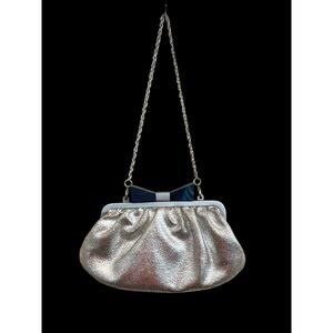 SONDRA ROBERTS EVENING BAG CLUTCH PURSE SILVER BLACK BOW REMOVABLE CHAIN LINED